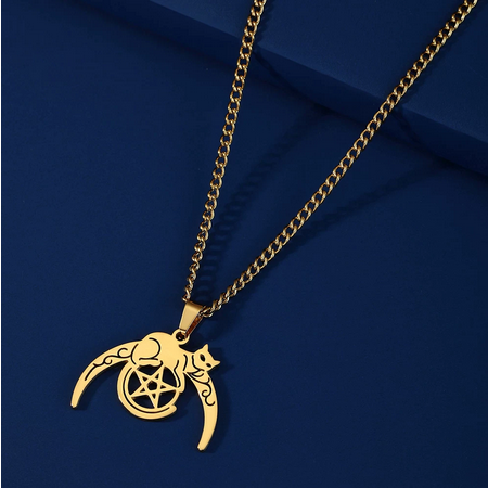 Wicca Themed Crescent Moon With Cat and Pentagram
