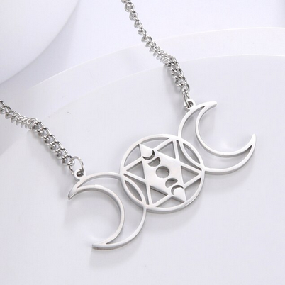 Wiccan Triple Goddess Moon Phase Hexagram Necklace