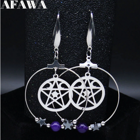 Wicca Triple Moon Pentacle SS Hoop Earrings