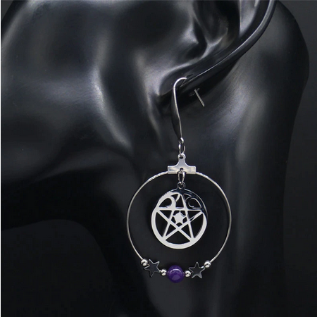 Wicca Triple Moon Pentacle SS Hoop Earrings