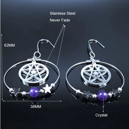 Wicca Triple Moon Pentacle SS Hoop Earrings