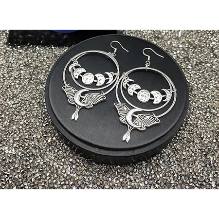 Luna Moth Moon-Phase Tibetan Silver Dual Hoop Earrings