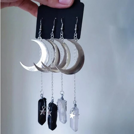 White and Black Quartz Crystal Aura Witchy Crescent Moon Goth Earrings