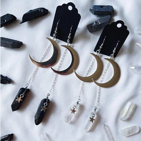 White and Black Quartz Crystal Aura Witchy Crescent Moon Goth Earrings