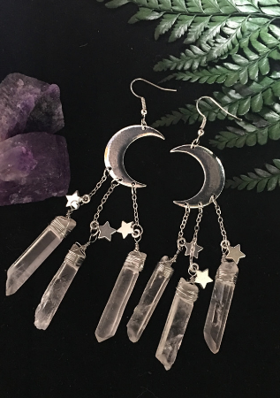 Witchy Crystal Crescent Moon Quartz Earrings