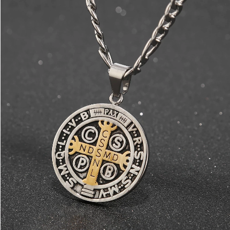 23.5" St. Benedict Silver/Gold Exorcism Medallion Necklace