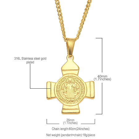St. Benedict Gold Exorcism Pendant Necklace 23.5"