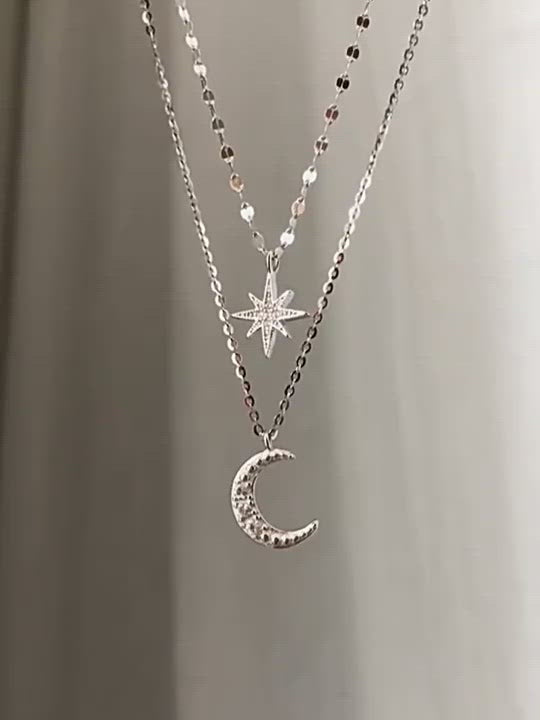 925 Star Crescent Moon Necklace Dual Chain
