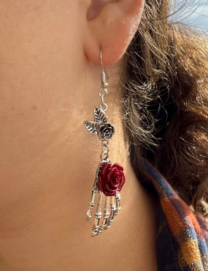 Red Rose Skeleton Hand Dangle Earrings