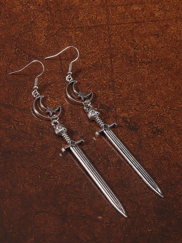 Long Gothic Crescent Moon Sword Dangle Earrings