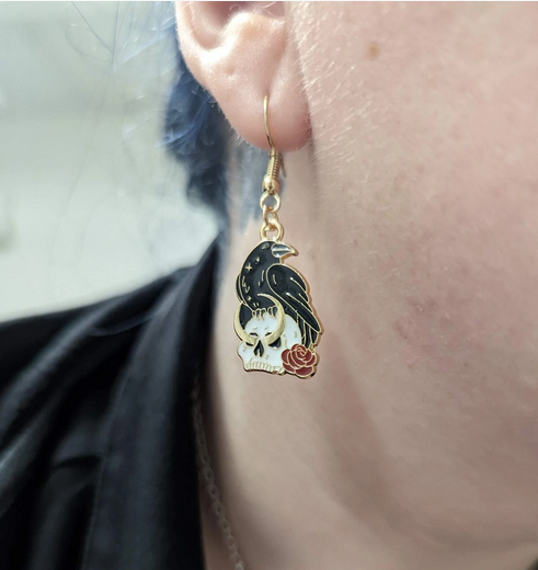 Witchy Raven Skull Moon Dangle Earrings