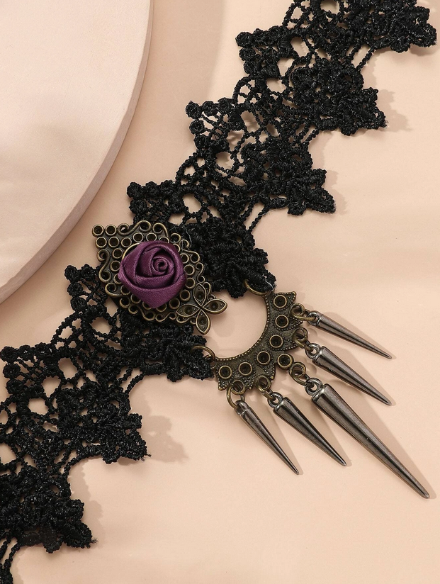 Black Lace Center Rose and Spikes Choker Necklace