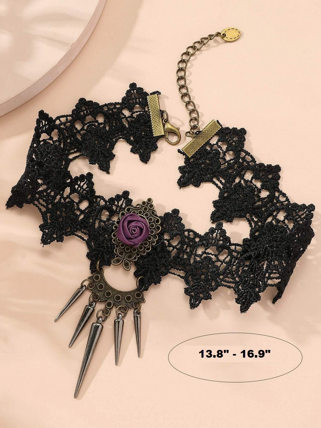 Black Lace Center Rose and Spikes Choker Necklace