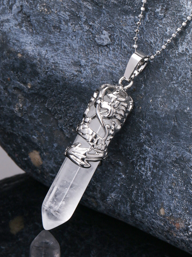 Chinese Dragon Natural Quartz Crystal Pendant Necklace