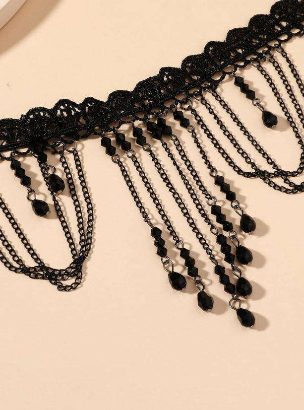 Goth Black Lace Tassel Chain Drop Choker