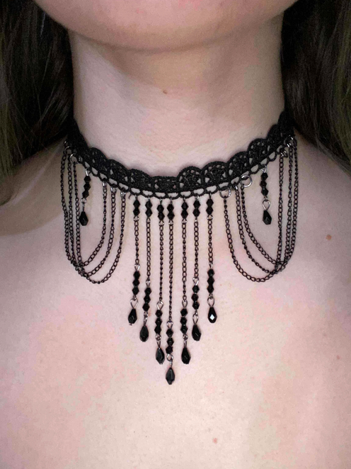 Goth Black Lace Tassel Chain Drop Choker