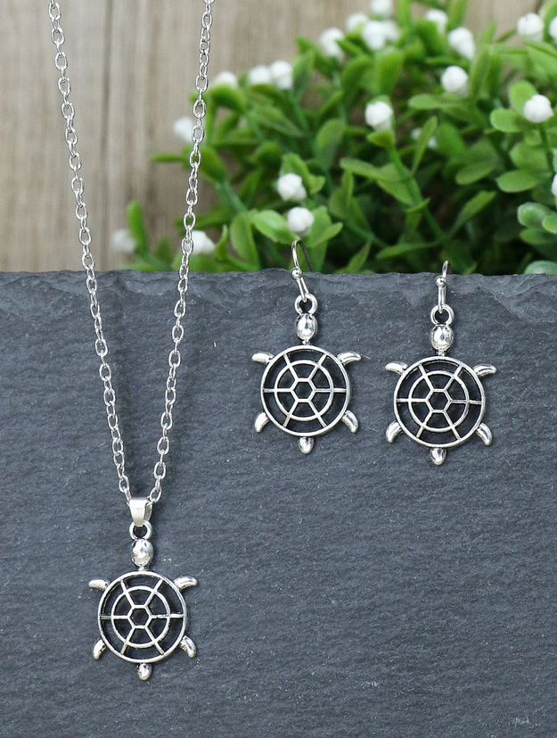 Tribal Style Small Turtle Drop Earring / Necklace Set