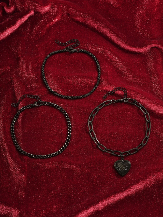 Goth Black Heart (Locket) 3 Piece Anklet