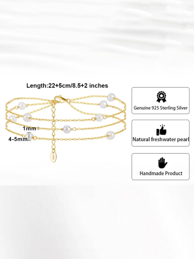 Boho Cultured Pearl 3 Layer Sterling Silver Anklet