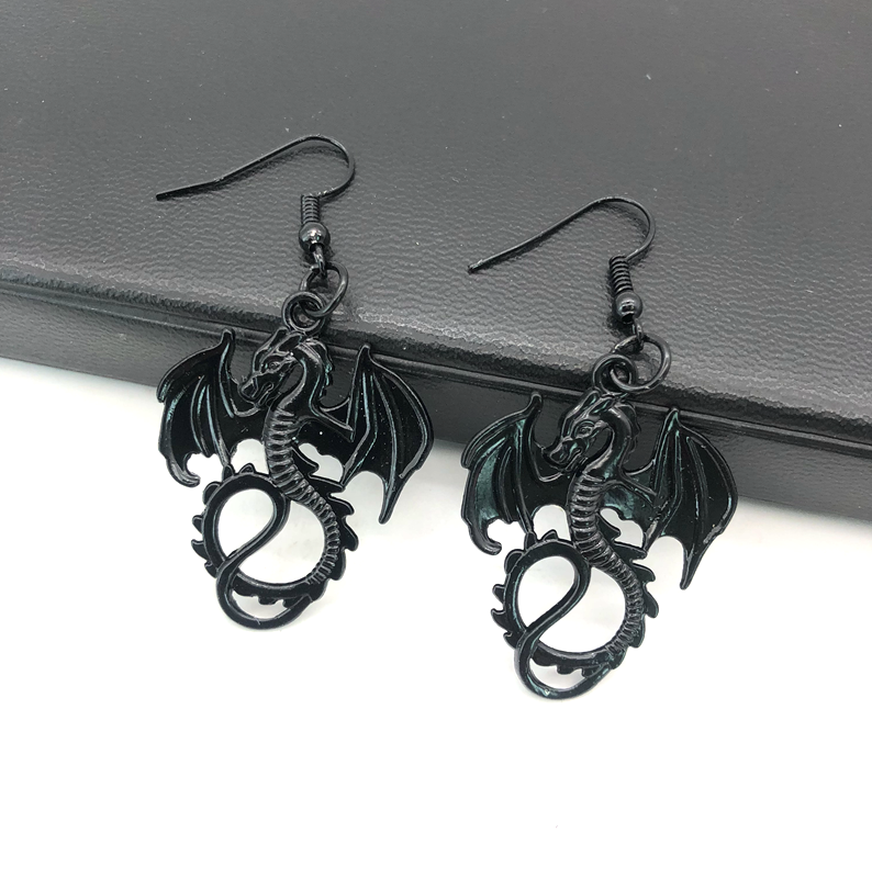 Goth Black Chinese Dragon Earrings