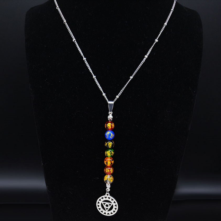 Colored Glass Long 7 Chakra Symbol Necklace