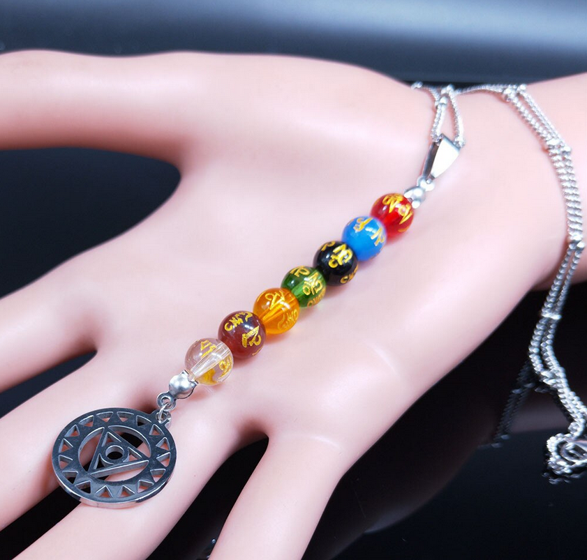 Colored Glass Long 7 Chakra Symbol Necklace