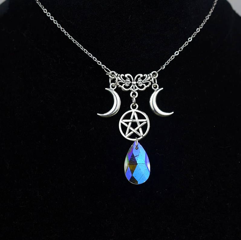 Witches Pentacle Crescent Moon Crystal Necklace