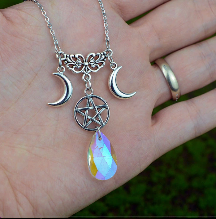 Witches Pentacle Crescent Moon Crystal Necklace