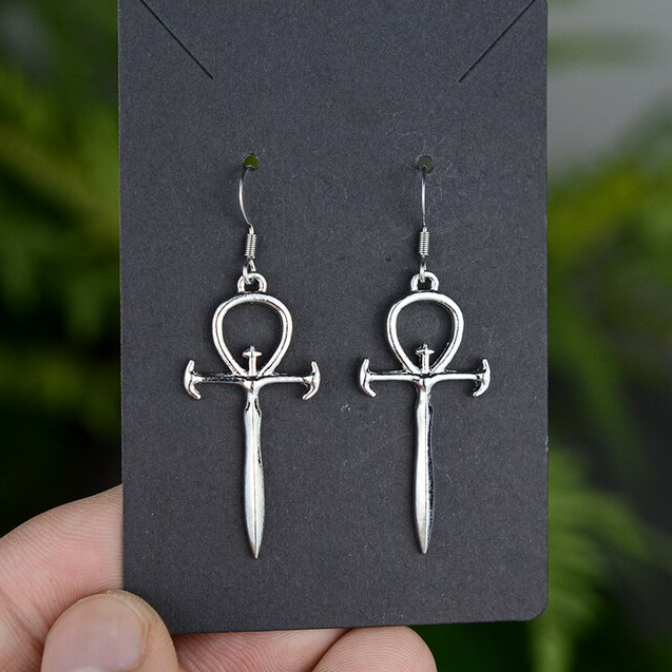 Goth Ankh Sword Cross Earrings