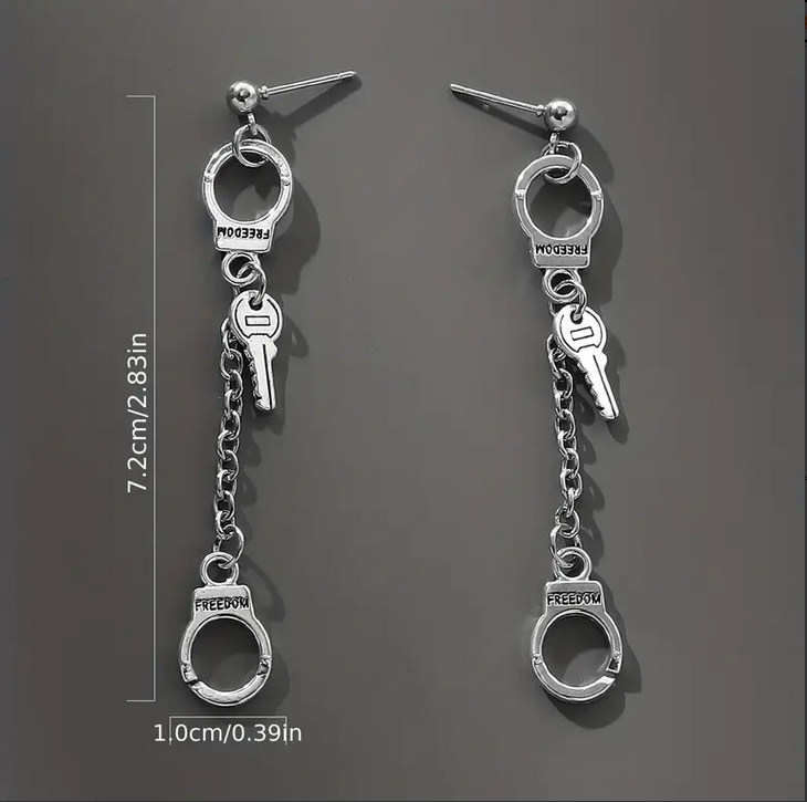 Punk Stainless Steel Long Chain Handcuffs W/ Keys Earrings