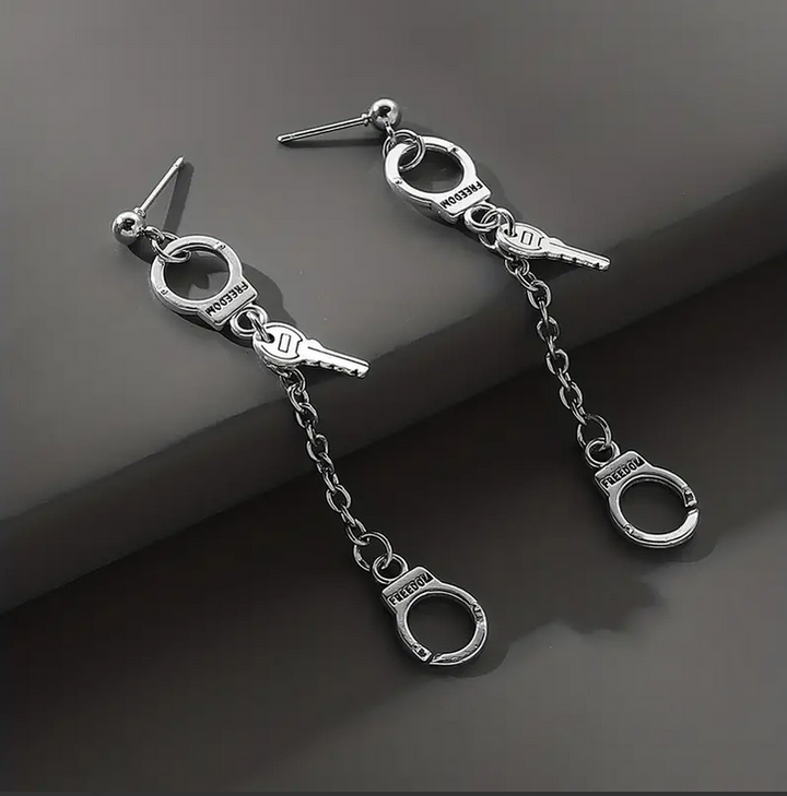 Punk Stainless Steel Long Chain Handcuffs W/ Keys Earrings