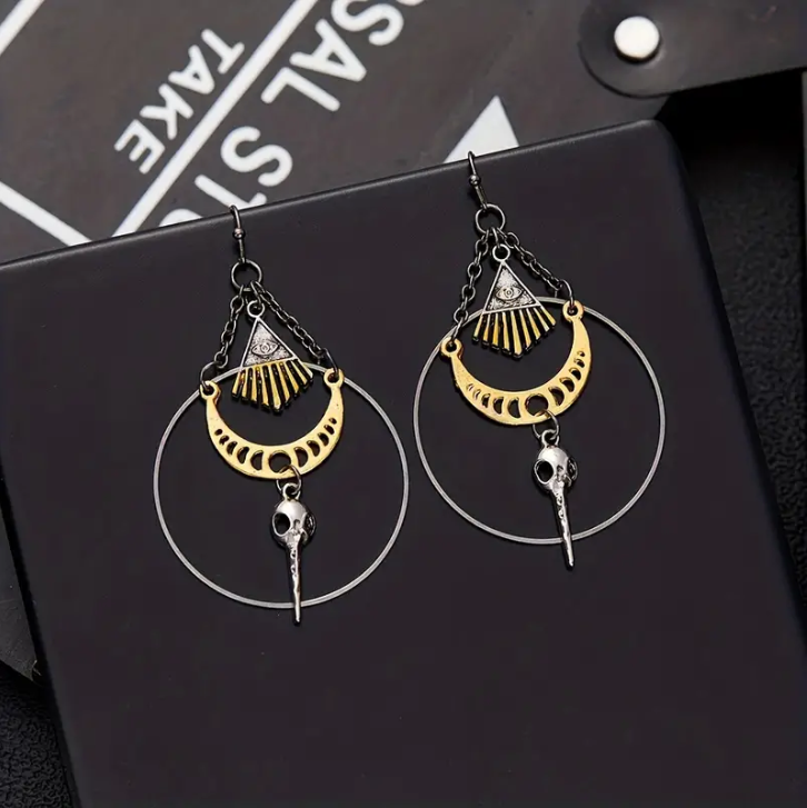 Devil's Eye Moon Raven Skull Hoop Earrings