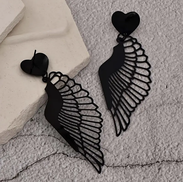 Gothic Heart Large Black Wings Earrings