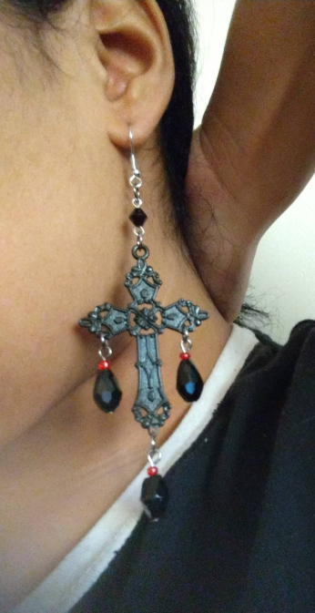 Gothic Black Cross Beaded Drop Earrings