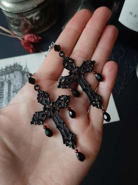 Gothic Black Cross Beaded Drop Earrings