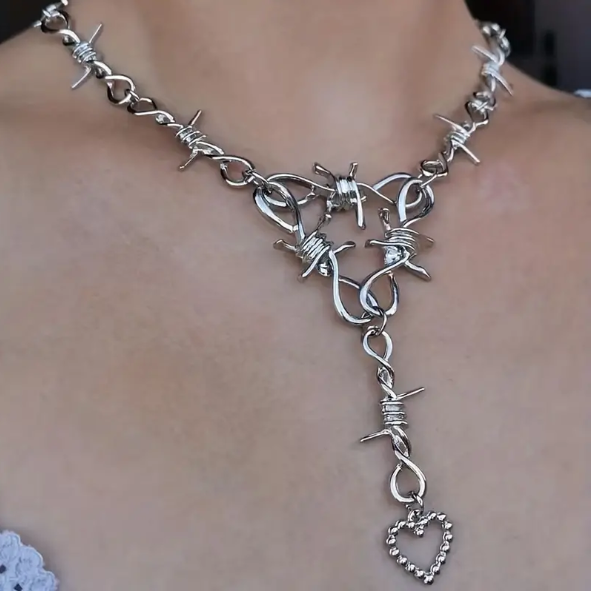 Barbed (Barb) Wire Goth / Punk Necklace W/ Heart