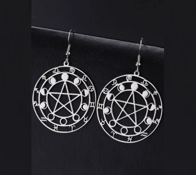Gothic / Witchy 12 Constellation Detail Round Drop Earrings