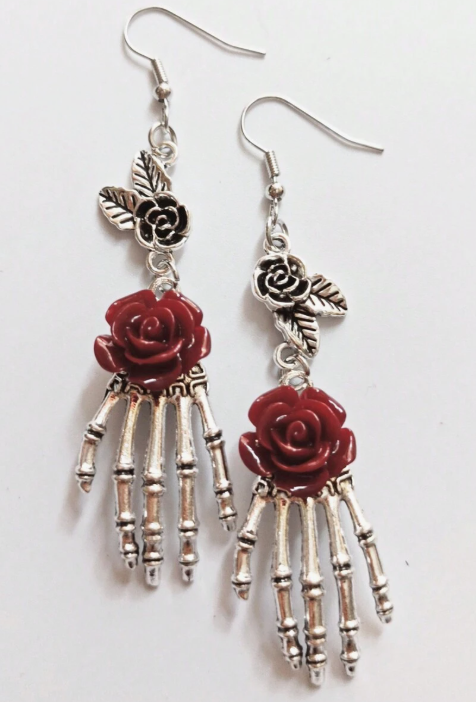 Red Rose Skeleton Hand Dangle Earrings