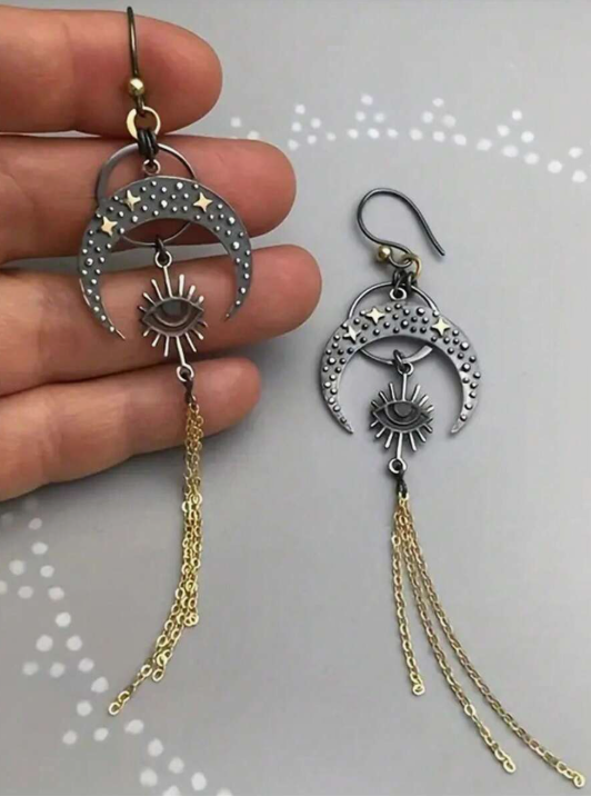 Punk Moon & Star Pattern Tassel Drop Dangle Earrings