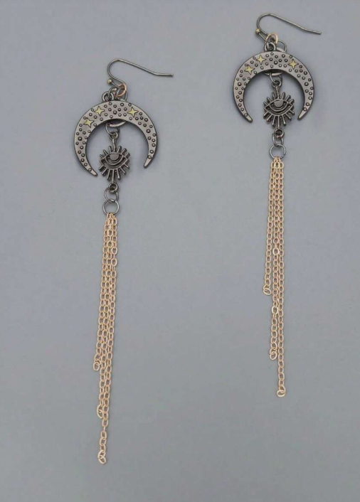 Punk Moon & Star Pattern Tassel Drop Dangle Earrings