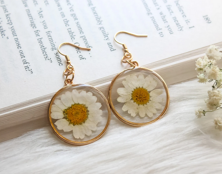 Round Real Daisy Resin Filled Earrings