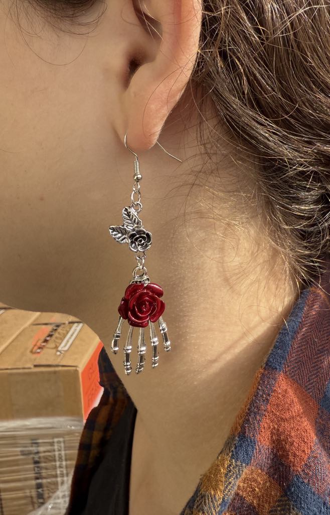 Red Rose Skeleton Hand Dangle Earrings