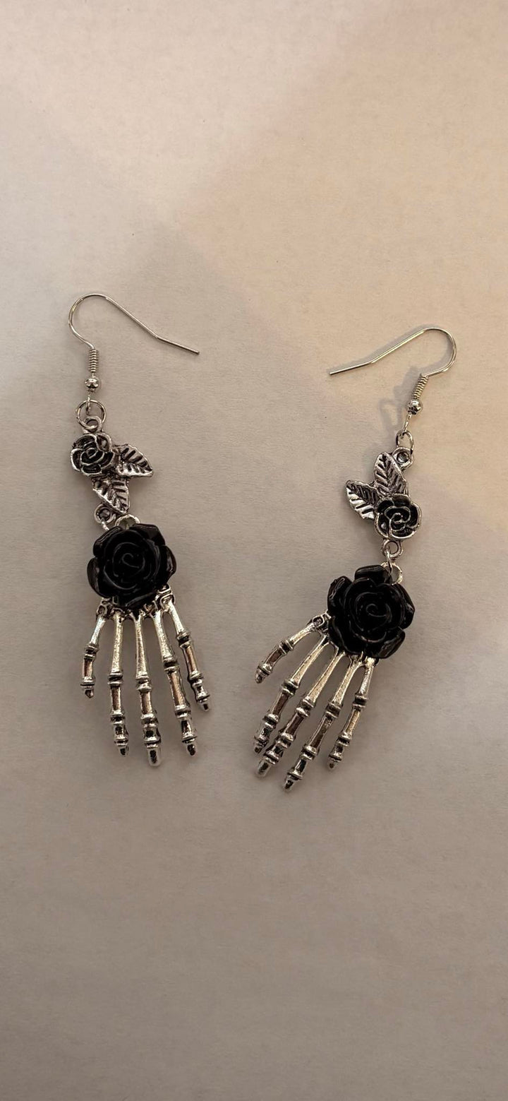 Black Rose Skeleton Hand Dangle Earrings