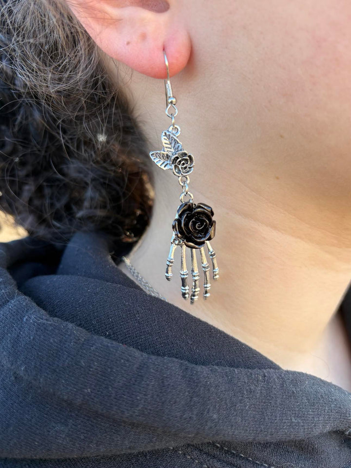 Black Rose Skeleton Hand Dangle Earrings