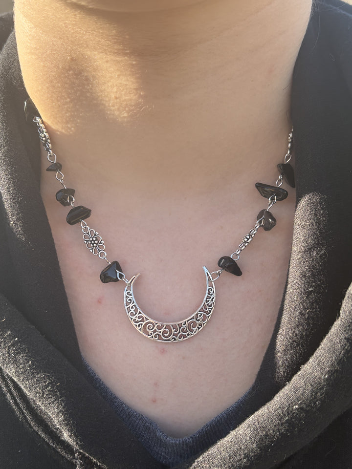 Black Crystal Crescent Moon Necklace