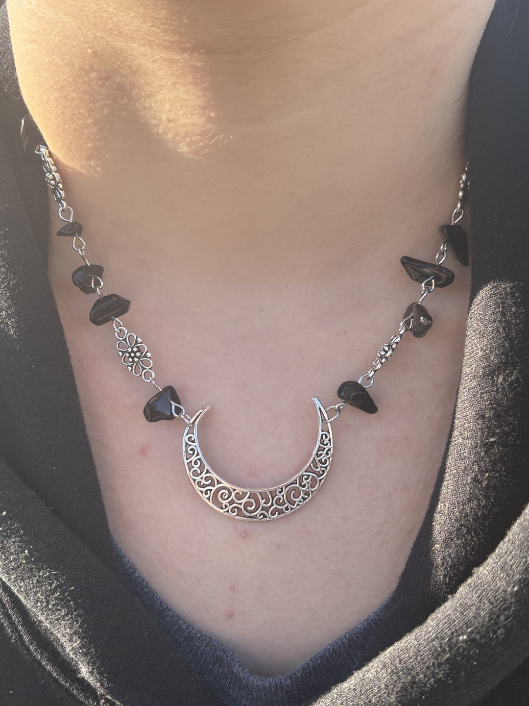 Black Crystal Crescent Moon Necklace