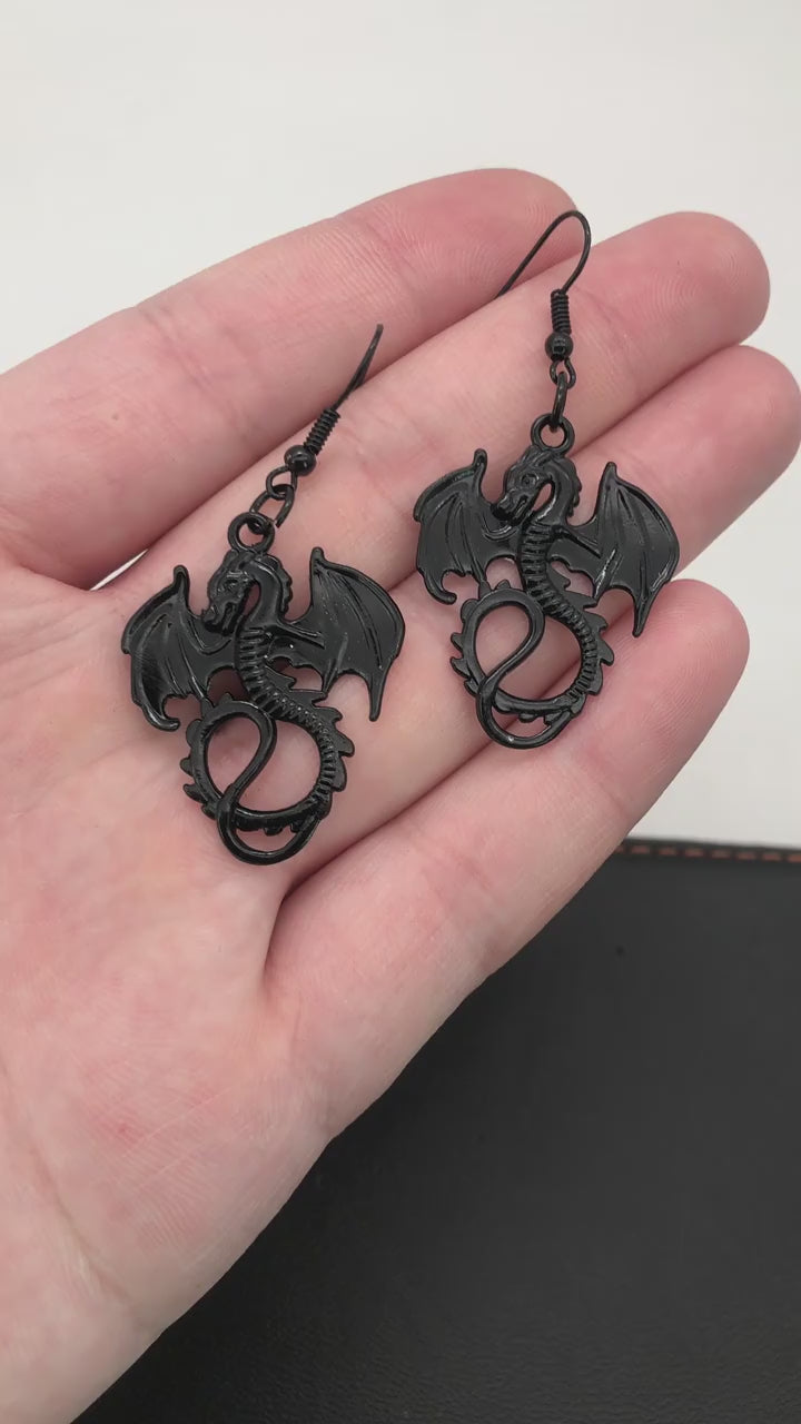 Goth Black Chinese Dragon Earrings