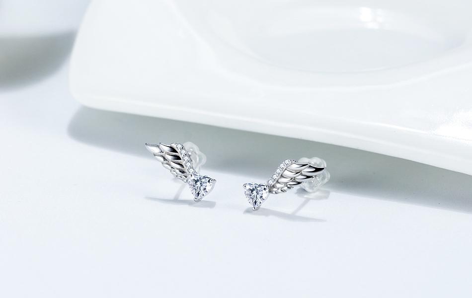 14mm Angel Wing Stud Earring with Heart Shaped Stone