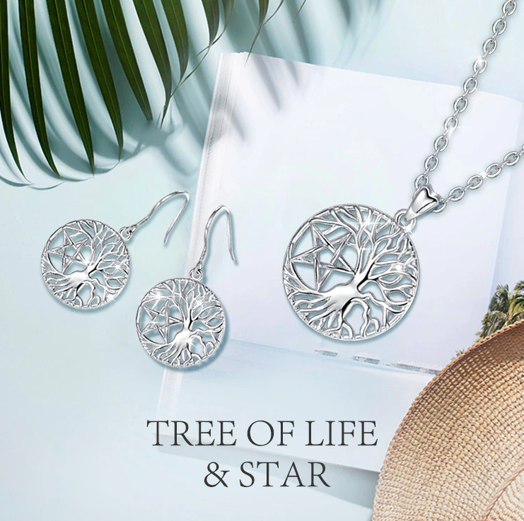 Eudora 925 Sterling Silver Tree of life & Pentagram Drop Earring Set