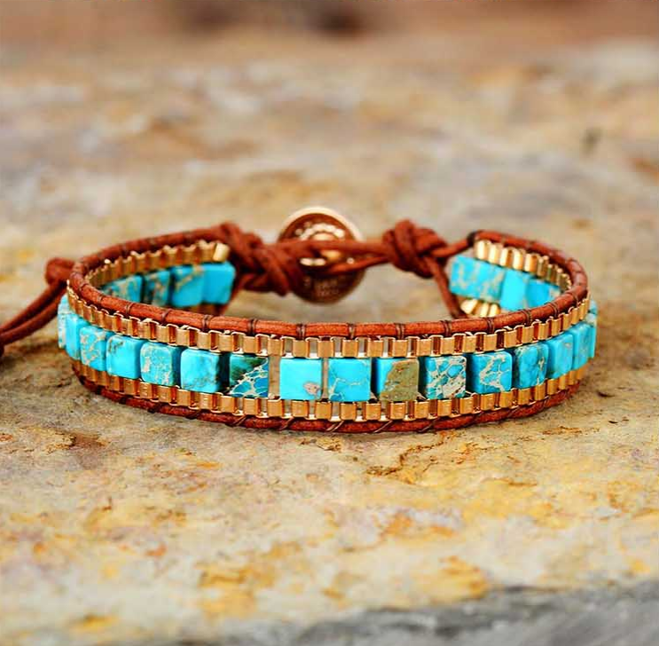 Turquoise Leather Boho Bracelet (Medium)